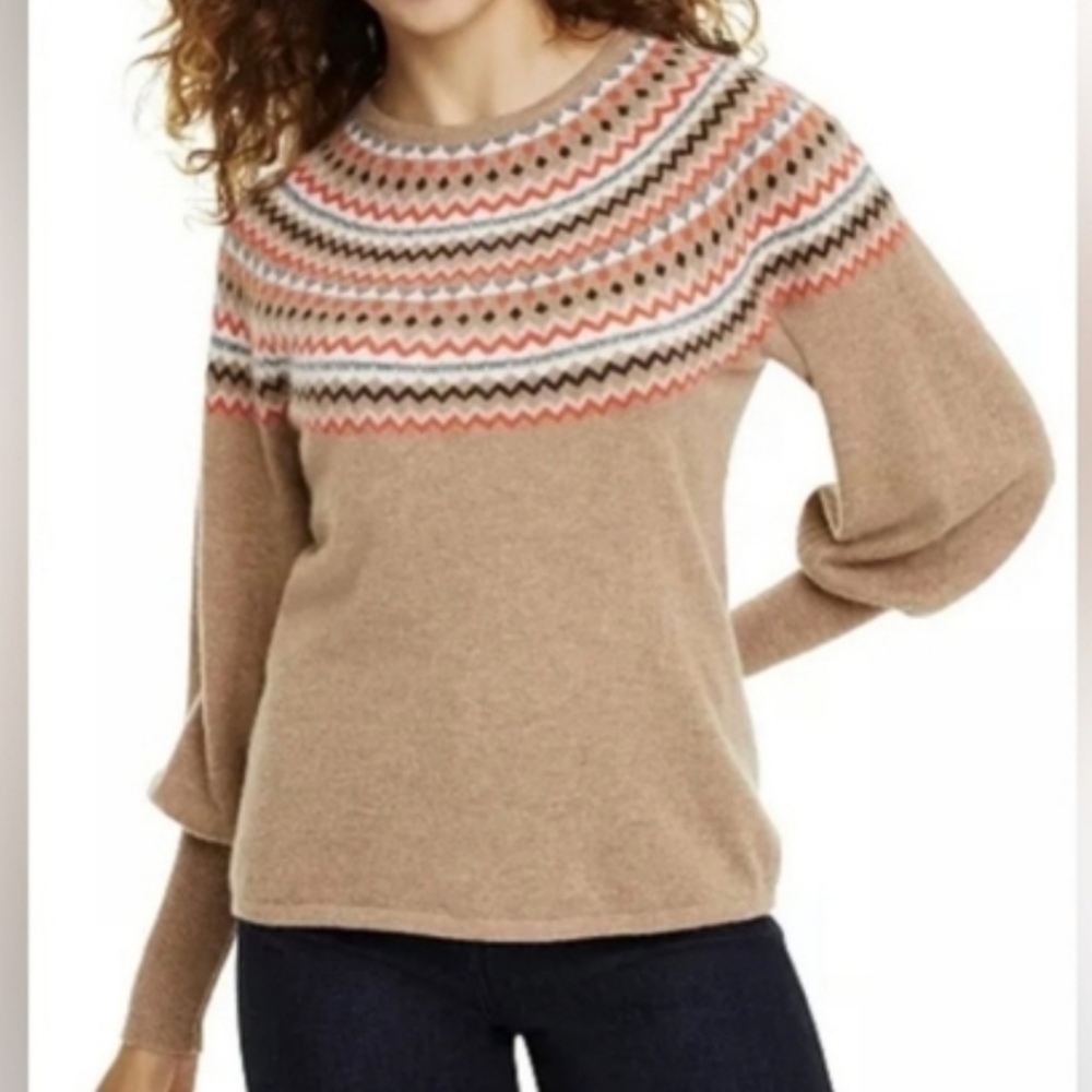 Cashmere Charter Club Fair Isle Balloon-Sleeve Sweater Heather Camel SIZE L